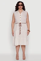 Womens Plus Size Linen Sleeveless Button Front Dress, Beige, Size 1X