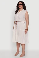Womens Plus Size Linen Sleeveless Button Front Dress, Beige, Size 1X