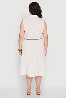 Womens Plus Size Linen Sleeveless Button Front Dress, Beige, Size 1X