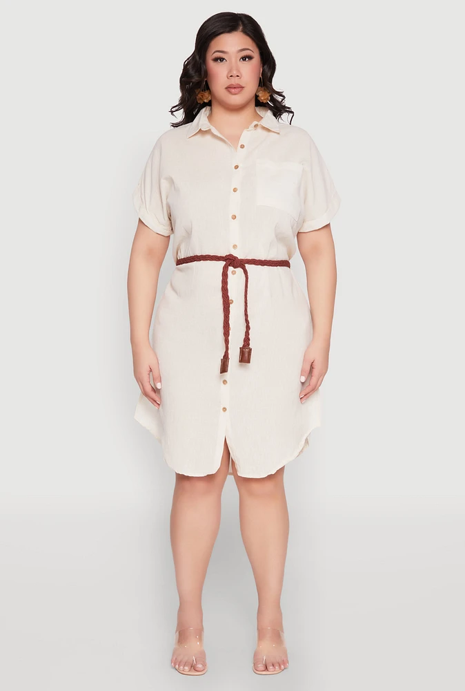 Womens Plus Size Linen Cap Sleeve Button Front Shirt Dress, Beige, Size 2X