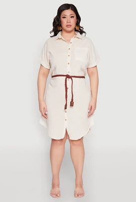 Womens Plus Size Linen Cap Sleeve Button Front Shirt Dress, Beige, Size 2X