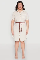 Womens Plus Size Linen Cap Sleeve Button Front Shirt Dress, Beige, Size 1X