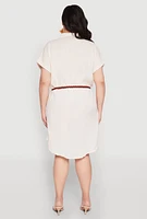 Womens Plus Size Linen Cap Sleeve Button Front Shirt Dress, Beige, Size 2X