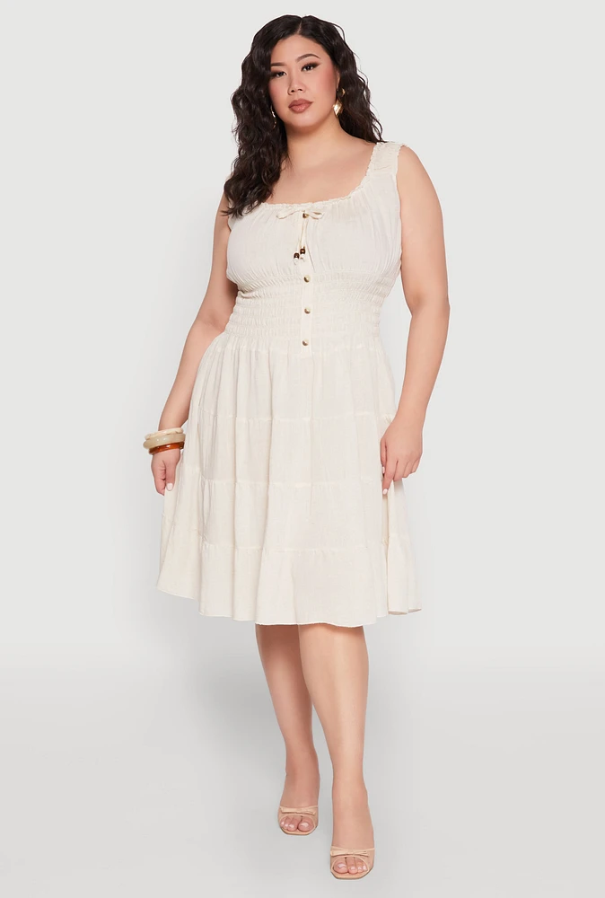 Womens Plus Size Sleeveless Smocked Tiered Midi Dress, Beige, Size 3X