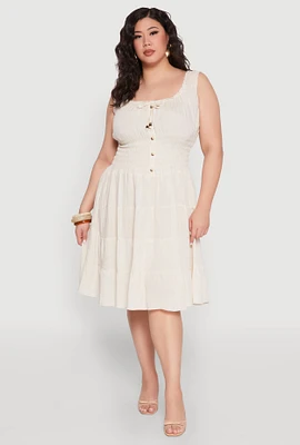 Womens Plus Size Sleeveless Smocked Tiered Midi Dress, Beige, Size 3X