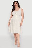 Womens Plus Size Sleeveless Smocked Tiered Midi Dress, Beige, Size 3X