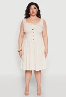 Womens Plus Size Sleeveless Smocked Tiered Midi Dress, Beige, Size 3X