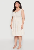 Womens Plus Size Sleeveless Smocked Tiered Midi Dress, Beige, Size 3X