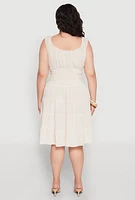 Womens Plus Size Sleeveless Smocked Tiered Midi Dress, Beige, Size 3X
