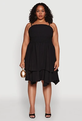 Womens Plus Size Smocked Ruffle Tiered Dress, Black, Size 3X