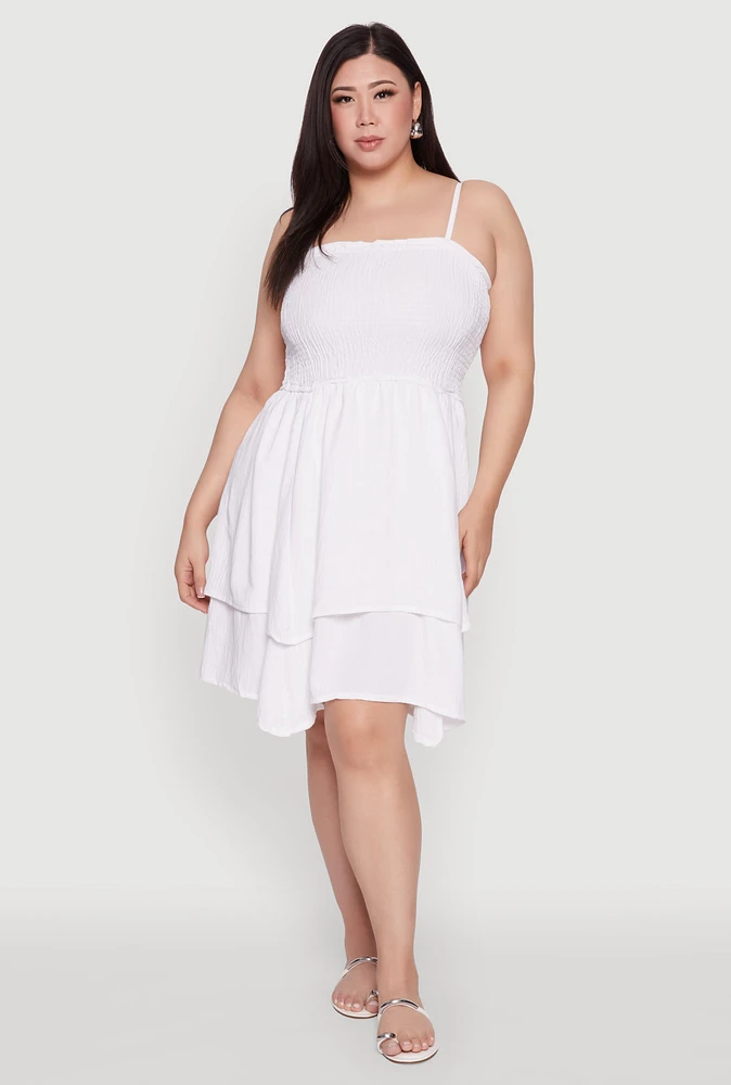 Womens Plus Size Smocked Ruffle Tiered Dress, White, Size 3X