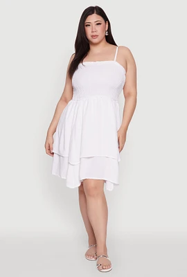 Womens Plus Size Smocked Ruffle Tiered Dress, White, Size 3X