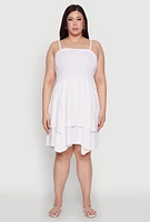 Womens Plus Size Smocked Ruffle Tiered Dress, White, Size 3X