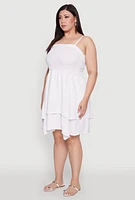 Womens Plus Size Smocked Ruffle Tiered Dress, White, Size 3X
