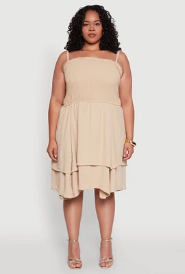 Womens Plus Size Smocked Ruffle Tiered Dress, Beige, Size 2X