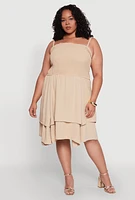 Womens Plus Size Smocked Ruffle Tiered Dress, Beige, Size 2X