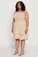 Womens Plus Size Smocked Ruffle Tiered Dress, Beige, Size 2X