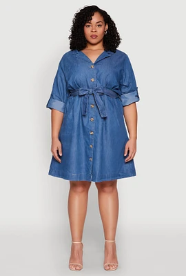 Womens Plus Chambray Button Front Shirt Dress, Blue,