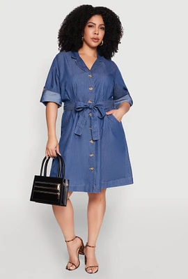 Womens Plus Size Chambray Button Front Shirt Dress, Blue, Size 2X