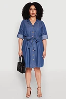 Womens Plus Chambray Button Front Shirt Dress, Blue,