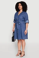 Womens Plus Size Chambray Button Front Shirt Dress, Blue, Size 2X