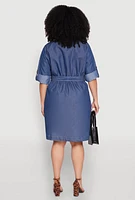 Womens Plus Size Chambray Button Front Shirt Dress, Blue, Size 2X