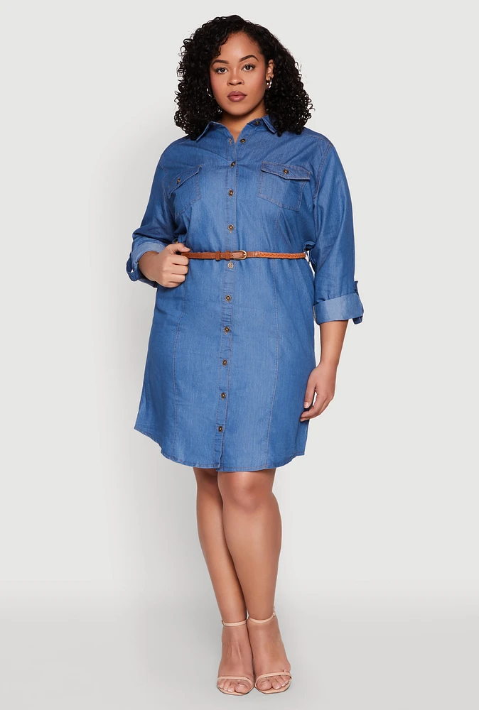 Womens Plus Size Chambray Belted Shirt Dress, Blue, Size 2X