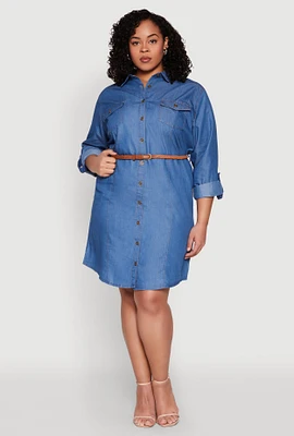 Womens Plus Size Chambray Belted Shirt Dress, Blue, Size 2X