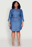 Womens Plus Size Chambray Belted Shirt Dress, Blue, Size 2X