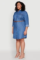 Womens Plus Size Chambray Belted Shirt Dress, Blue, Size 2X