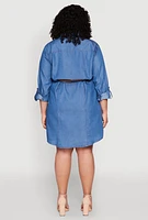 Womens Plus Size Chambray Belted Shirt Dress, Blue, Size 2X