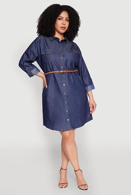 Womens Plus Size Chambray Belted Shirt Dress, Blue, Size 1X