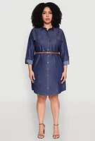 Womens Plus Size Chambray Belted Shirt Dress, Blue, Size 1X