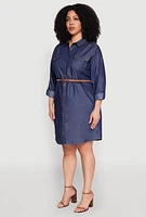 Womens Plus Size Chambray Belted Shirt Dress, Blue, Size 1X