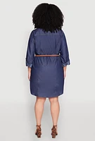 Womens Plus Size Chambray Belted Shirt Dress, Blue, Size 1X