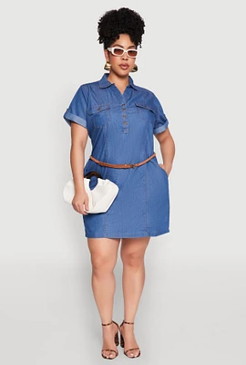 Womens Plus Size Chambray Belted Half Button Dress, Blue, Size 2X