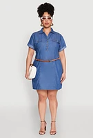 Womens Plus Size Chambray Belted Half Button Dress, Blue, Size 2X