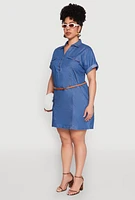 Womens Plus Size Chambray Belted Half Button Dress, Blue, Size 2X