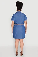 Womens Plus Size Chambray Belted Half Button Dress, Blue, Size 2X