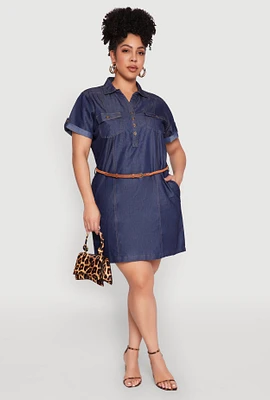 Womens Plus Size Chambray Belted Half Button Dress, Blue, Size 2X
