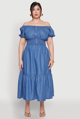 Womens Plus Size Chambray Off The Shoulder Tiered Dress, Blue, Size 3X