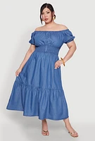 Womens Plus Size Chambray Off The Shoulder Tiered Dress, Blue, Size 3X