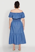 Womens Plus Size Chambray Off The Shoulder Tiered Dress, Blue, Size 3X
