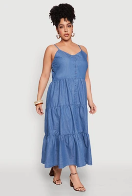 Womens Plus Size Chambray Button Front Tiered Maxi Dress, Blue, Size 3X