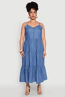 Womens Plus Size Chambray Button Front Tiered Maxi Dress, Blue, Size 3X
