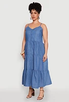 Womens Plus Size Chambray Button Front Tiered Maxi Dress, Blue, Size 2X