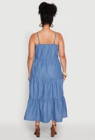 Womens Plus Size Chambray Button Front Tiered Maxi Dress, Blue, Size 3X
