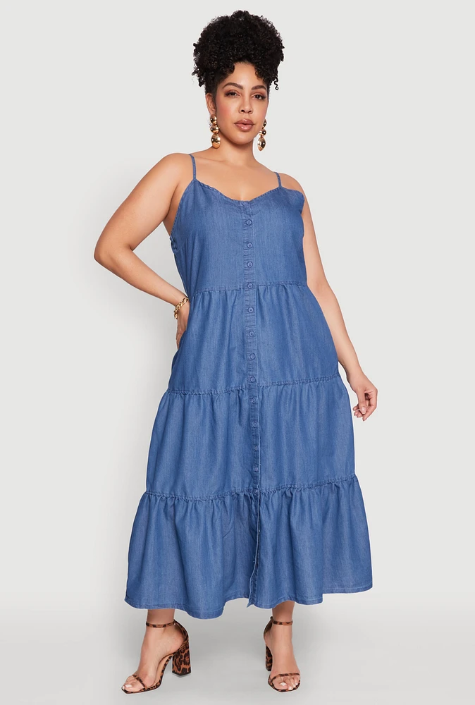 Womens Plus Size Chambray Button Front Tiered Maxi Dress, Blue, Size 2X