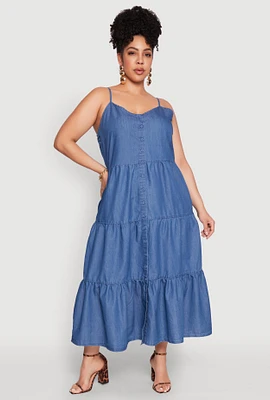 Womens Plus Size Chambray Button Front Tiered Maxi Dress, Blue, Size 2X