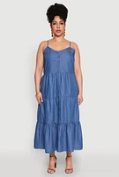 Womens Plus Size Chambray Button Front Tiered Maxi Dress, Blue, Size 2X